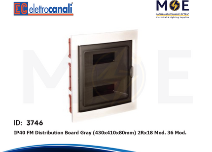 Elettrocanali IP40 Flush Mount Distribution Board Smoked Door Gray 430x410x80mm 2Rx18module 36module | EC-63036 G 1 | تابلو بلاستيك رمادي مخفي غطا مفيم