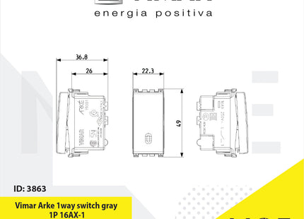Vimar Arke 1way switch gray 1P 16AX | 19001 | مفتاح مفرد رمادي