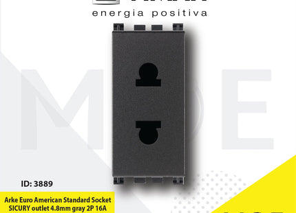 Vimar Arke Euro American Standard Socket SICURY outlet 4.8mm gray 2P 16A | 19234 | بريز امريكي اوروبي امان رمادي
