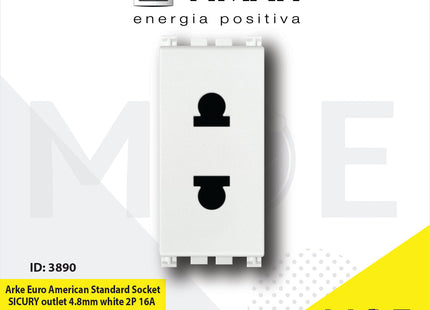 Vimar Arke Euro American Standard Socket SICURY outlet 4.8mm White 2P 16A | 19234.B | بريز امريكي اوروبي امان ابيض