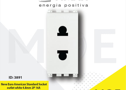 Vimar Neve Euro American Standard Socket outlet White 4.8mm 2P 16A | 9233 | بريز امريكي اوروبي ابيض