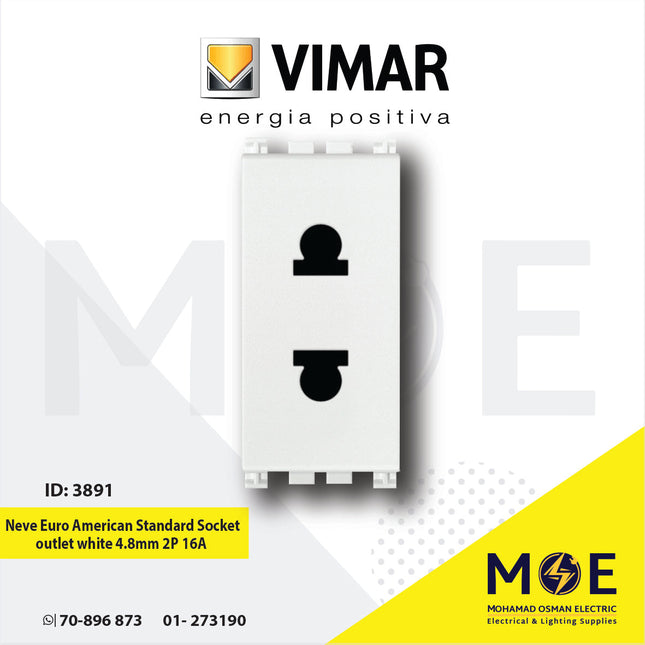 Vimar Neve Euro American Standard Socket outlet White 4.8mm 2P 16A | 9233 | بريز امريكي اوروبي ابيض