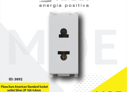 Vimar Plana Euro American Standard Socket outlet Silver 2P 16A 4.8mm | 14233.SL | بريز امريكي اوروبي فضي