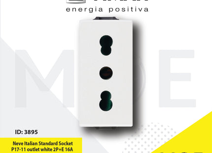 Vimar Neve Italian Standard Socket P17/ 11 outlet white 2P+E 16A | 9203 | بريز ايطالي امان مع ابيض