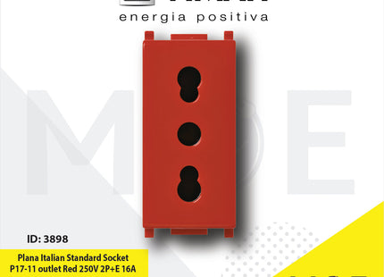 Vimar Plana Italian Standard Socket P17/ 11 outlet Red 250V 2P+E 16A | 14203.R | بريز امان احمر