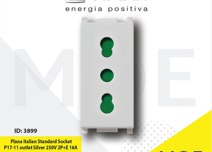 Vimar Plana Italian Standard Socket P17/ 11 outlet Silver 250V 2P+E 16A | 14203.SL | بريز امان فضي