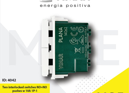 Vimar Plana Two interlocked switches NO+NO pushes w 10A 1P | 14062 | مفتاح/كباس ستور مع انترلوك ابيض