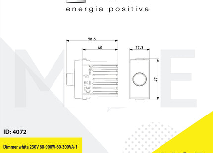 Vimar Neve Dimmer white 230V 60- 900W/60- 300VA 1module | 9146 | ديمر برم ابيض