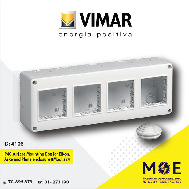 Vimar IP40 Surface Mounting Box for Eikon, Arke and Plana enclosure 8module 2x4 | 14814