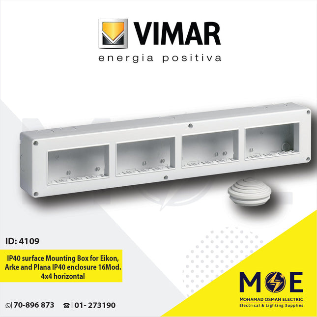 Vimar IP40 Surface Mounting Box for Eikon, Arke and Plana IP40 enclosure 16module 4x4 horizontal | 14839