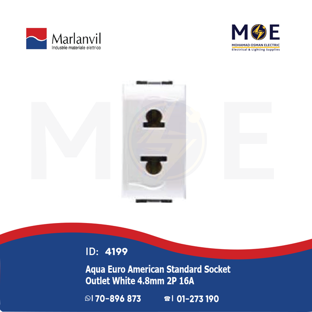 Marlanvil Aqua Euro American Standard Socket Outlet White 4.8mm 2P 16A | 7652.S | بريز امريكي اوروبي ابيض
