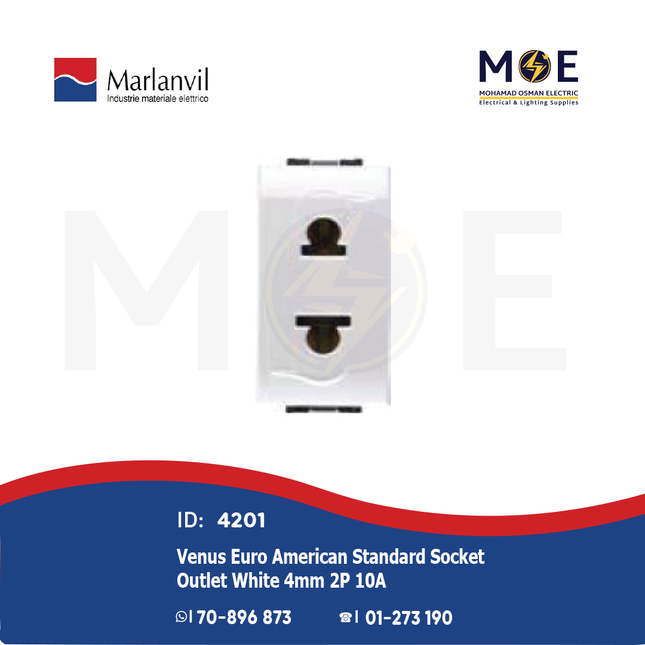 Marlanvil Venus Euro American Standard Socket Outlet White 4mm 2P 10A | 7064 | بريز امريكي اوروبي ابيض