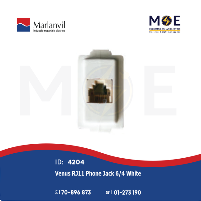 Marlanvil Venus Telephone Socket | RJ11 Phone Jack 6/4 White | 7108 | بريز تلفون ابيض