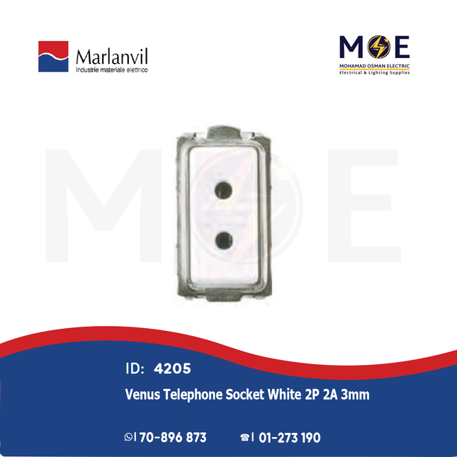 Marlanvil Venus Telephone Socket White 2P 2A 3mm | 7053 | بريز تلفون ابيض