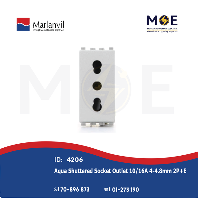 Marlanvil Aqua Shuttered Socket Outlet 10/ 16A 4-4.8mm 2P+E | 7679 | بريز امان ابيض