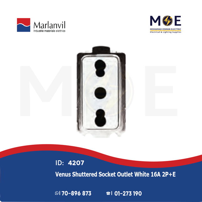 Marlanvil Venus Shuttered Socket Outlet White 16A 2P+E | 7079.N | بريز امان ابيض