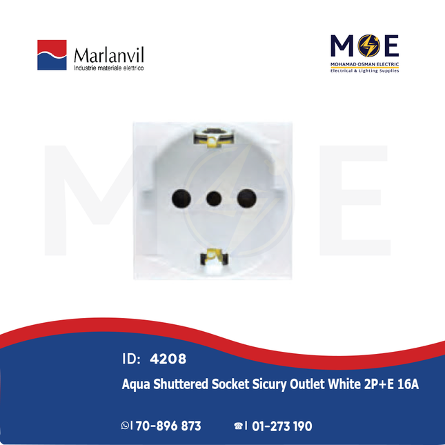 Marlanvil Aqua Shuttered Socket Sicury Outlet White 2P+E 16A | 7648.D | بريز شوكو امان ابيض