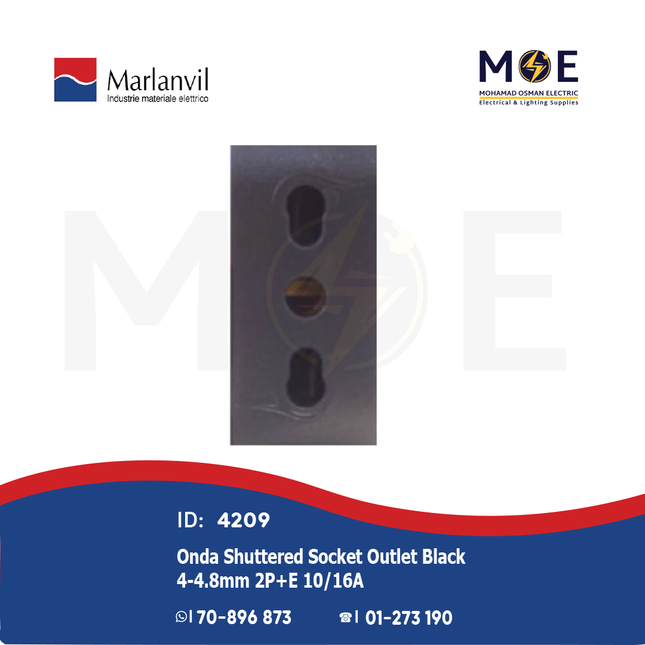 Marlanvil Onda Shuttered Socket Outlet Black 4-4.8mm 2P+E 10/ 16A | 7779 | بريز امان اسود