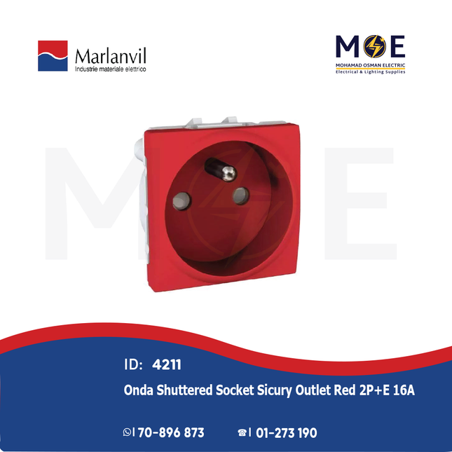 Marlanvil Onda Shuttered Socket Sicury Outlet Red 2P+E 16A | 7748.DS.R | بريز شوكو امان احمر