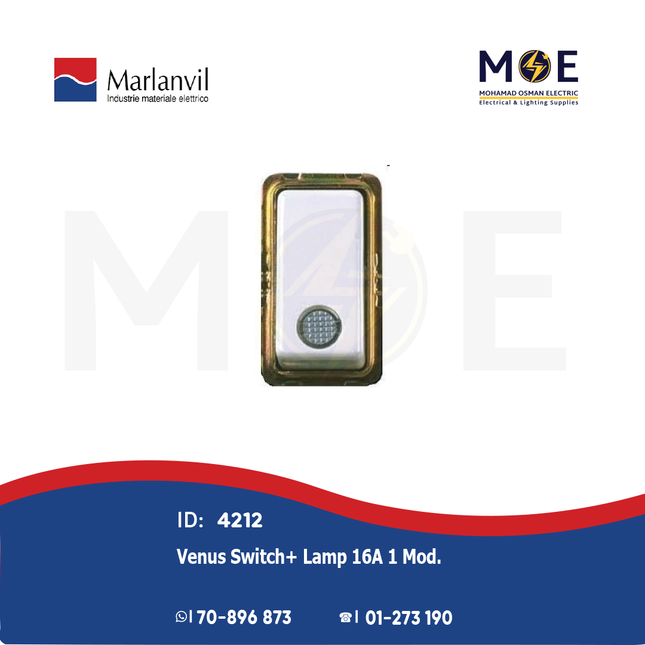 Marlanvil Venus Switch+ Lamp 16A 1module | 7905.1 | مفتاح مفرد مع لمبة