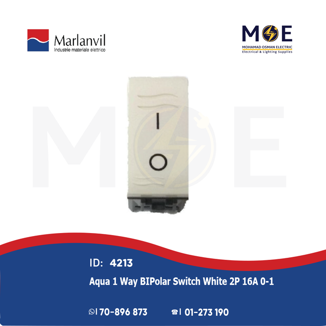 Marlanvil Aqua 1Way BIPolar Switch White 2P 16A 0-1 | 7613.2 | مفتاح مفرد خطين ابيض