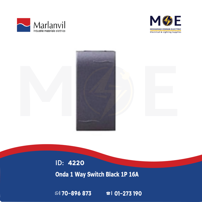 Marlanvil Onda 1Way Switch Black 1P 16A | 7700.1 | مفتاح مفرد اسود