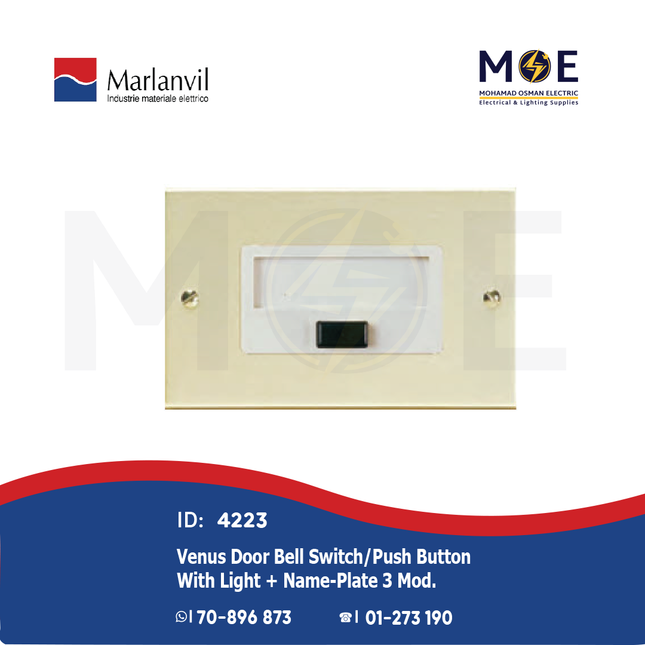 Marlanvil Venus Door Bell Switch/ Push Button With Light + Name-Plate 3Module | 7099.O | كباس جرس باسم مع لمبة