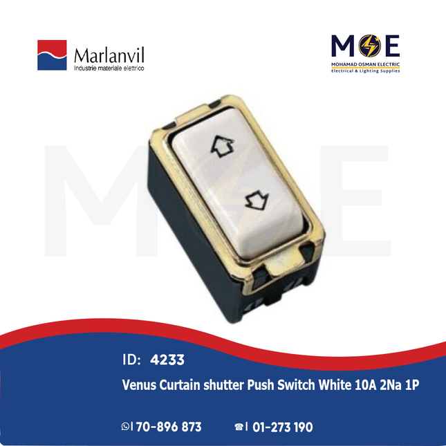 Marlanvil Venus Curtain shutter Push Switch White 10A 2Na 1P | 7917.1 | مفتاح كباس ستور ابيض
