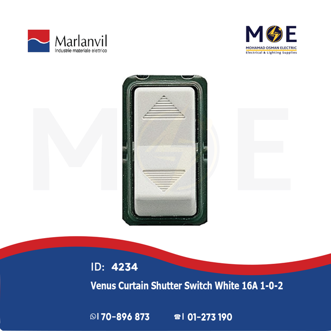 Marlanvil Venus Curtain Shutter Switch White 16A 1-0-2 | 7918.1 | مفتاح ستور ابيض