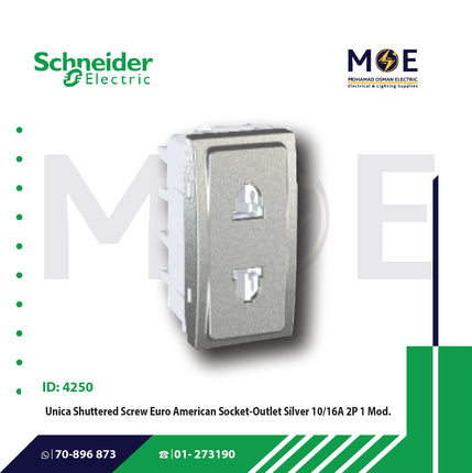 Schneider Unica Shuttered Screw Euro American Socket Outlet Silver 10/16A 2P 1module | MGU302130