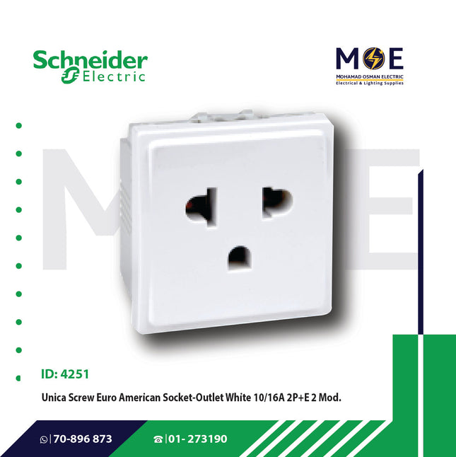 Schneider Unica Screw Euro American Socket Outlet White 10/16A 2P+E 2module | MGU304118 | بريز امريكي اوروبي ابيض
