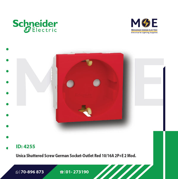 Schneider Unica Shuttered Screw German Socket Outlet Red 10/16A 2P+E 2Module | MGU303703 | بريز شوكو امان احمر