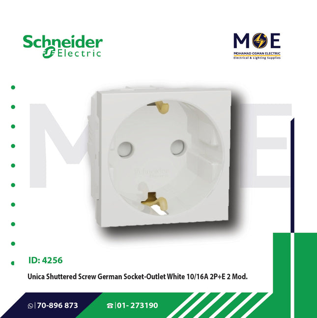 Schneider Unica Shuttered Screw German Socket Outlet White 10/16A 2P+E 2Module | MGU303718 | بريز شوكو امان ابيض