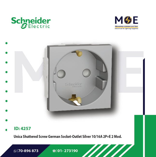 Schneider Unica Shuttered Screw German Socket Outlet Silver 10/16A 2P+E 2Module | MGU303730