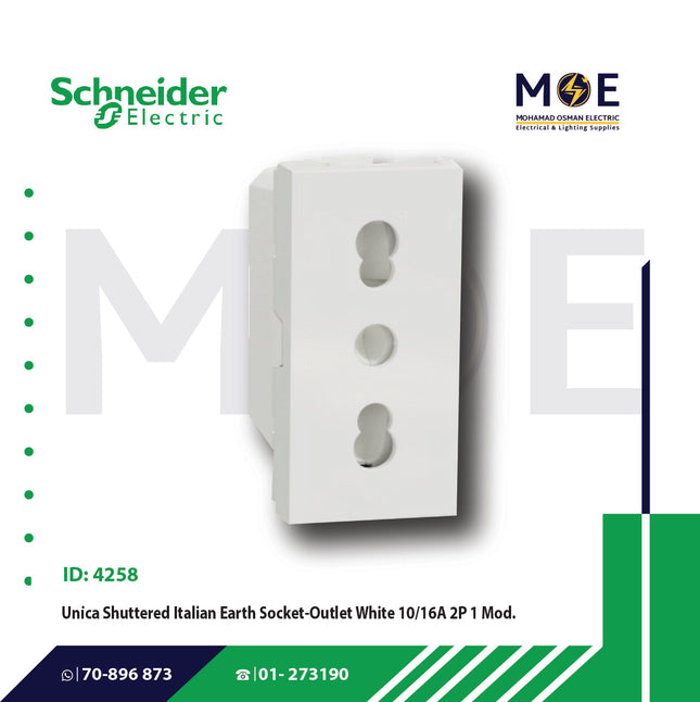 Schneider Unica Shuttered Italian Earth Socket-Outlet White 10/ 16A 2P 1module | MGU302318