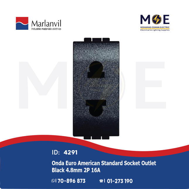 Marlanvil Onda Euro American Standard Socket Outlet Black 4.8mm 2P 16A | 7752.S | بريز امريكي اوروبي اسود