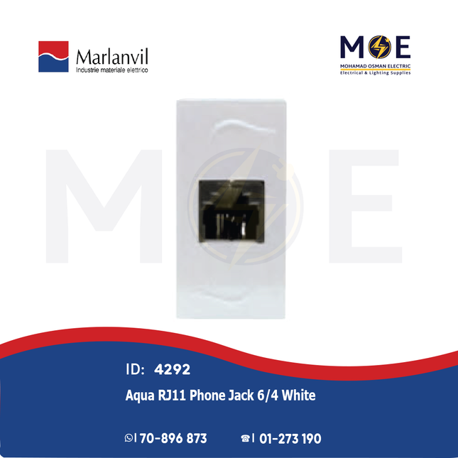 Marlanvil Aqua Telephone Socket | RJ11 Phone Jack 6/4 White | 7664.4 | بريز تلفون ابيض