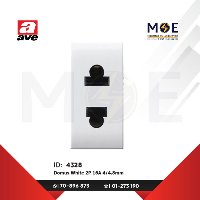 Ave SPA Domus Euro American Standard Socket Outlet White 2P 16A 4/ 4.8mm | 441033 | بريز امريكي اوروبي ابيض