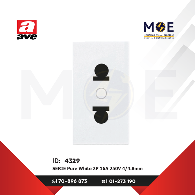Ave SPA SERIE Euro American Standard Socket Outlet Pure White 2P 16A 250V 4/ 4.8mm | 45B33 | بريز امريكي اوروبي ابيض