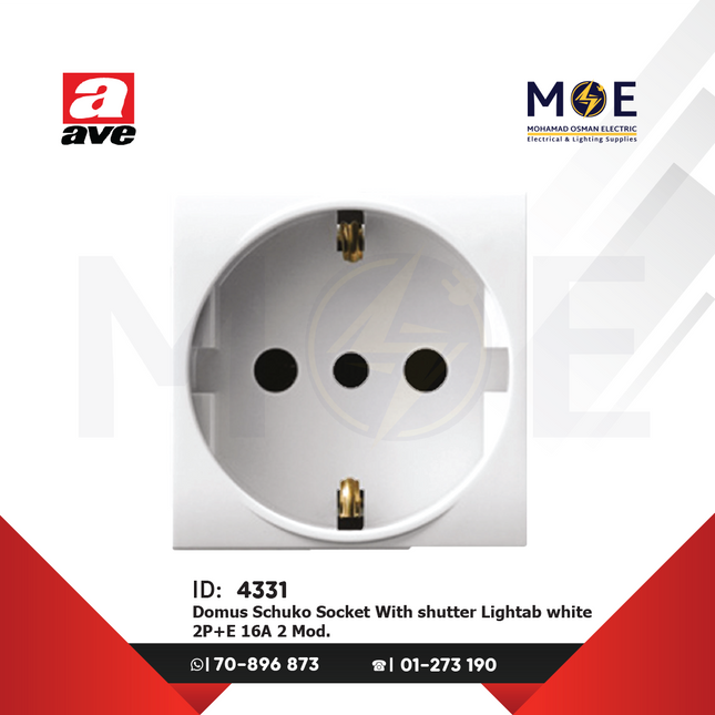 Ave SPA Domus Schuko Socket With shutter Lightab white 2P+E 16A 2Module | 441090TS | بريز شوكو امان ابيض