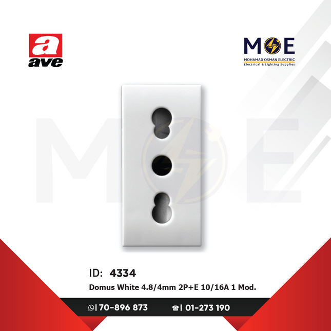 Ave SPA/ Domus Italian Standard Socket Outlet White 4.8/ 4Mm 2P+E 10/ 16A 1module | 441006/ 15TS | بريز ايطالي امان ابيض