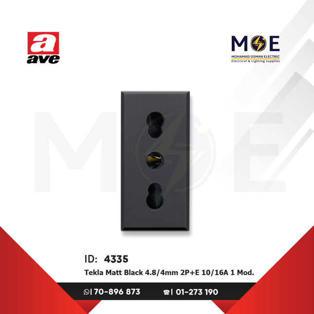 Ave SPA/ Tekla Italian Standard Socket Outlet Matt Black 4.8/ 4Mm 2P+E 10/ 16A 1module | 445006/ 15TS | بريز ايطالي امان اسود ناشف