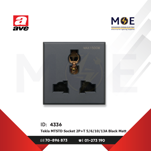 Ave SPA Tekla Multistandard Socket 2P+E 5/6/10/ 13A Black Matt | 445059TS | بريز امان يونيفرسال اسود ناشف