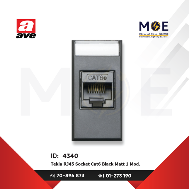 Ave SPA Tekla RJ45 Data Socket Cat6 Black Matt 1module | 445027C6 | بريز داتا اسود ناشف
