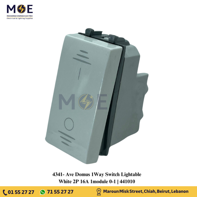 Ave Domus 1Way Switch Lightable White 2P 16A 1module 0-1 | 441010 | مفتاح مفرد خطين ابيض