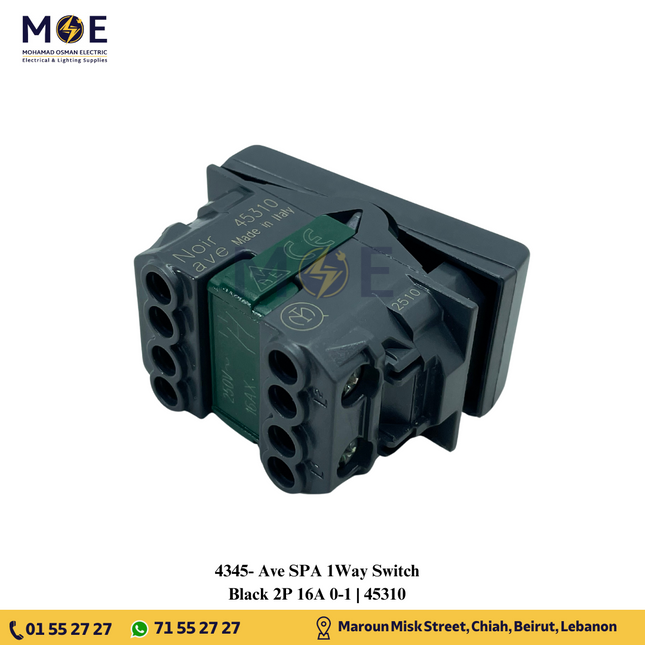 Ave SPA 1Way Switch Black 2P 16A 0-1 | 45310 | مفتاح مفرد خطين اسود