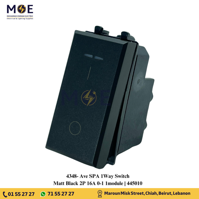 Ave SPA 1Way Switch Matt Black 2P 16A 0-1 1module | 445010 | مفتاح مفرد خطين اسود ناشف