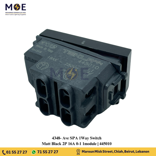 Ave SPA 1Way Switch Matt Black 2P 16A 0-1 1module | 445010 | مفتاح مفرد خطين اسود ناشف