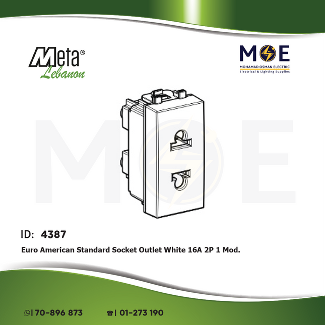 Meta Euro American Standard Socket Outlet White 16A 2P 1module | 43B033 | بريز امريكي اوروبي