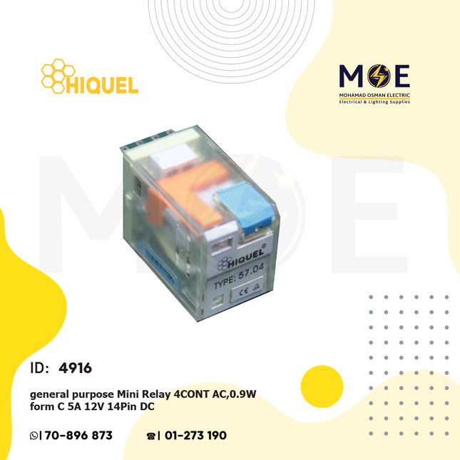 Hiquel General Purpose Mini Relay 4CONT AC<0.9W form C 5A 12V 14Pin DC | HIQ-57.04 DC12V | ريليه ميني